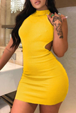 AovicaYellow Sexy Solid Backless Halter Pencil Skirt Dresses