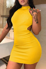 AOVICA-PLUS SIZE SPRING SUMMER OUTFITS Yellow Sexy Solid Backless Halter Pencil Skirt Dresses