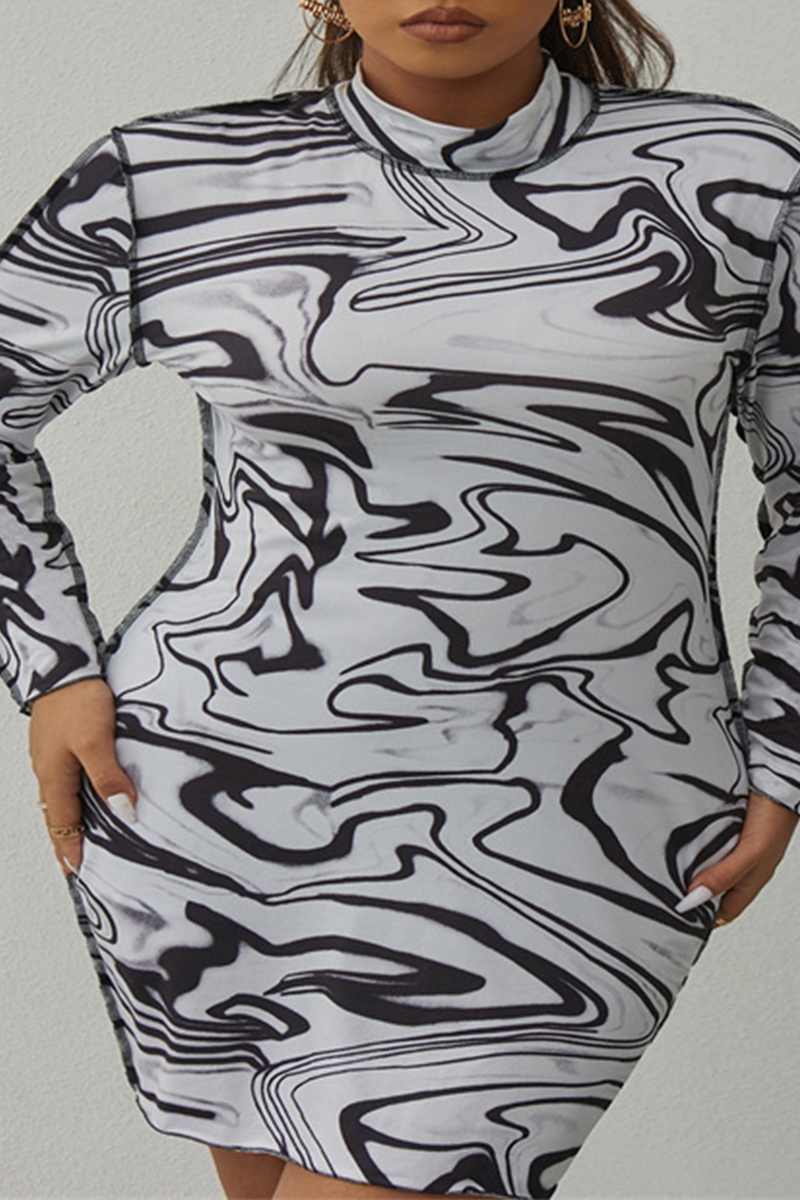 Aovica-Black White Sexy Print Patchwork Half A Turtleneck Plus Size Dresses