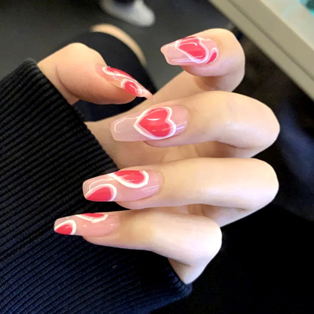 24pcs False press-on nails with a pattern Peach heart wear finished tablet nail art  removable Manicure beautiful false nails