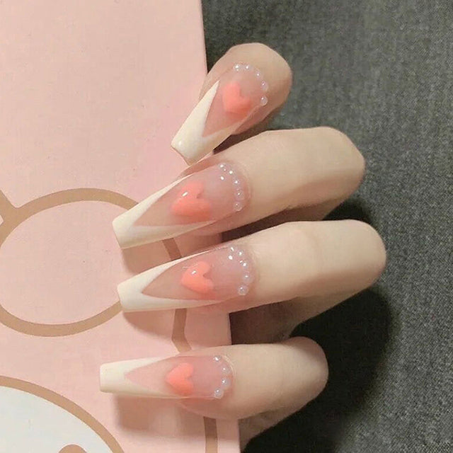 24pcs False press-on nails with a pattern Peach heart wear finished tablet nail art  removable Manicure beautiful false nails